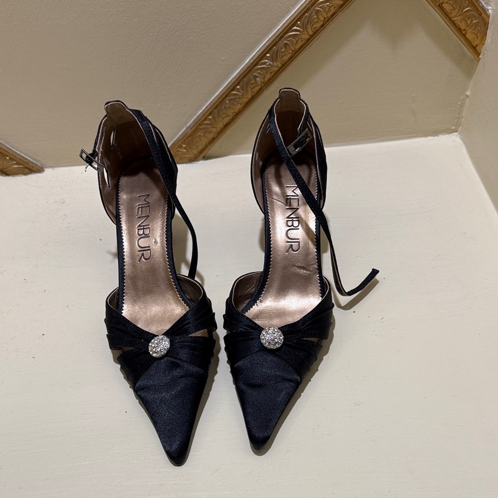 Menbur Black Satin Heels with Rhinestone Detail